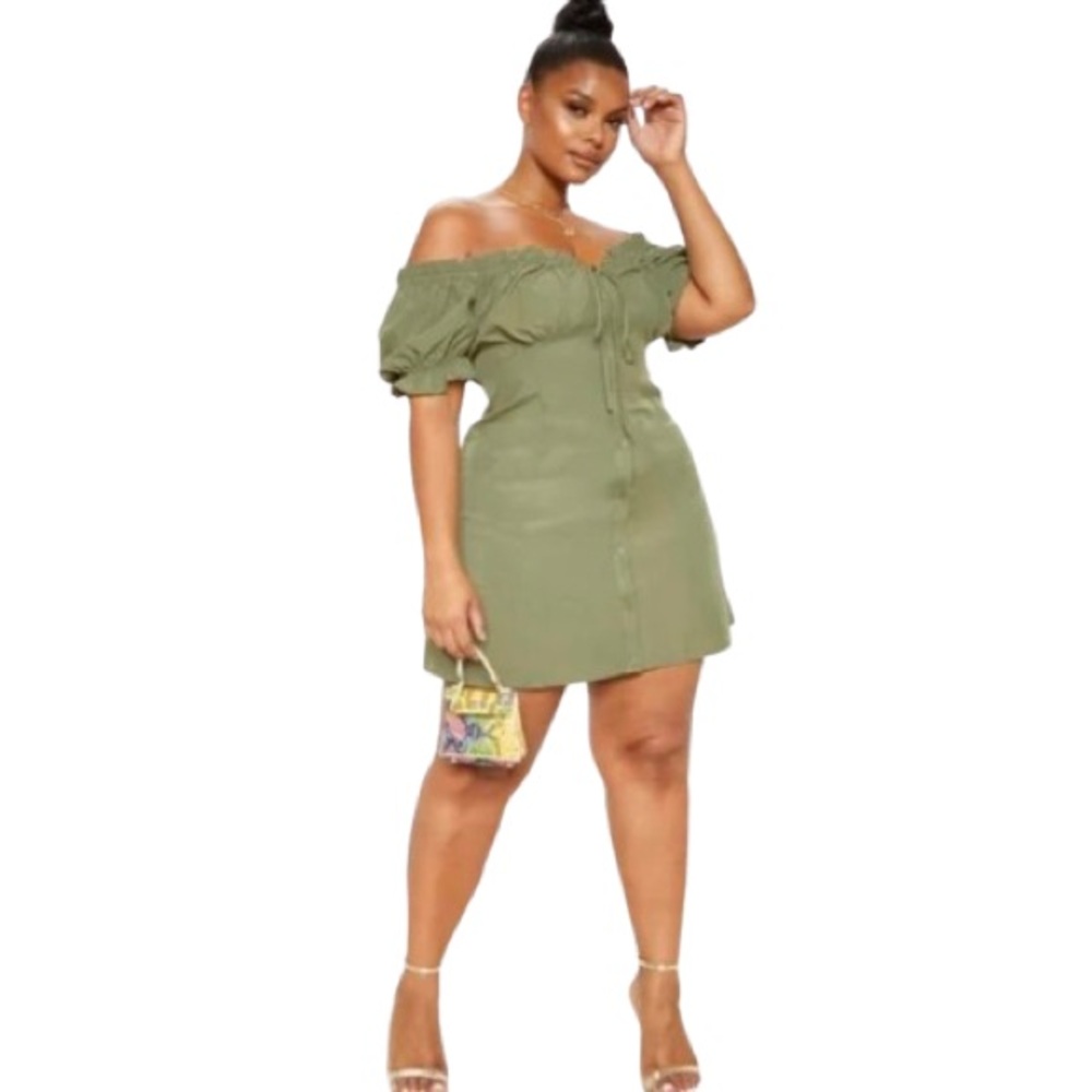 PrettyLittleThing Khaki Bardot Button Front Shift Dress